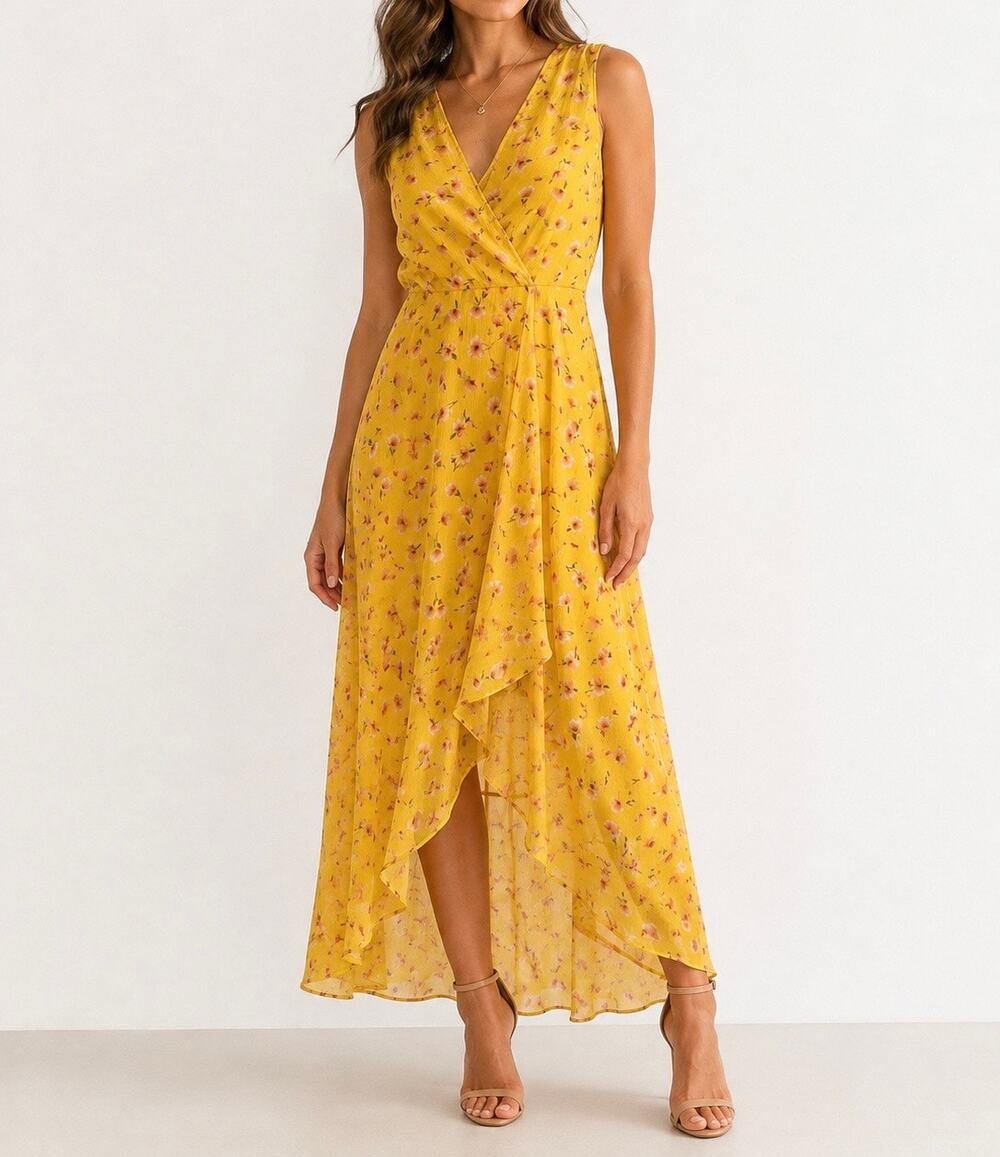 Calvin Klein Yellow Floral High-Low Maxi Dress Size 2